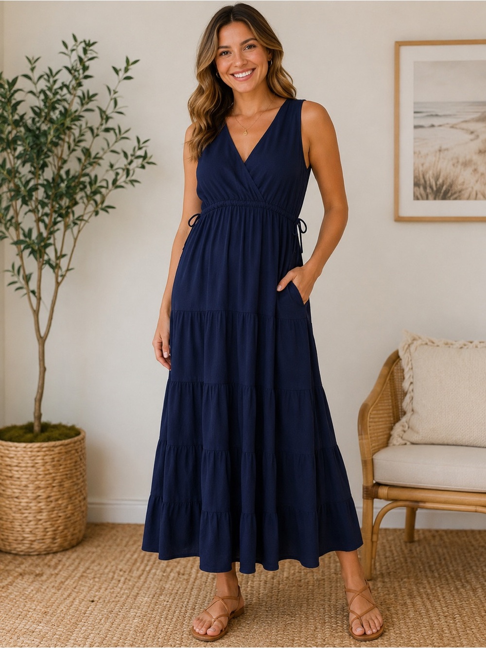 Max Studio Navy Sleeveless Tiered V‑Neck Maxi Dress